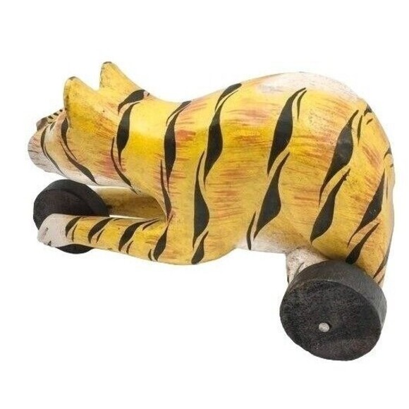 Vintage Wood Yellow Striped Cat Wheels Carved Wooden Folk Art Hand Painted Tiger - Picture 4 of 4